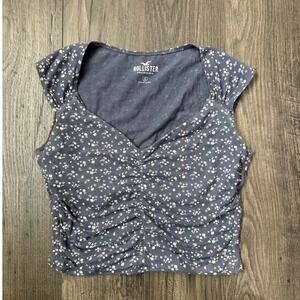 Hollister Floral Print Ruched Cropped Top Blue‎ Womens Size Small